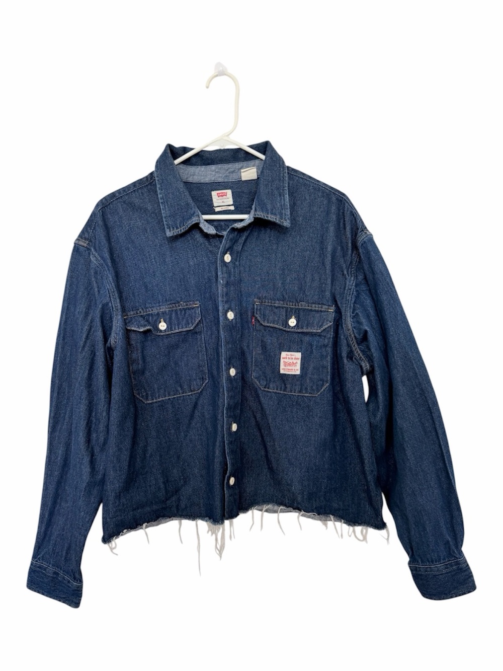 Levi’s Distressed Cropped Denim Worker Shirt Red Tab Dark Wash XL